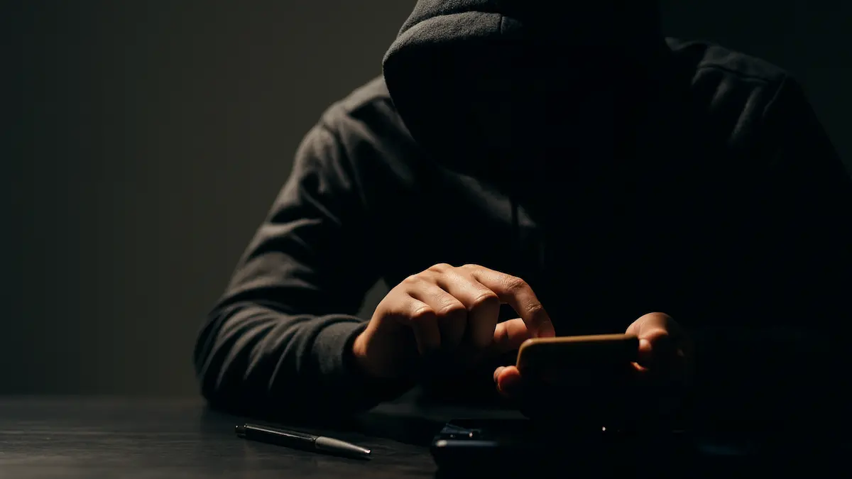 Karanlıkta cep telefonu kullanan kapüşonlu kişi, dolandırıcılık suçu temalı görsel