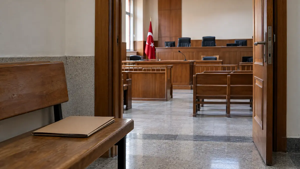 Ceza davasında ilk duruşma öncesi açık kapıdan görünen duruşma salonu ve bekleme bankındaki dosya
