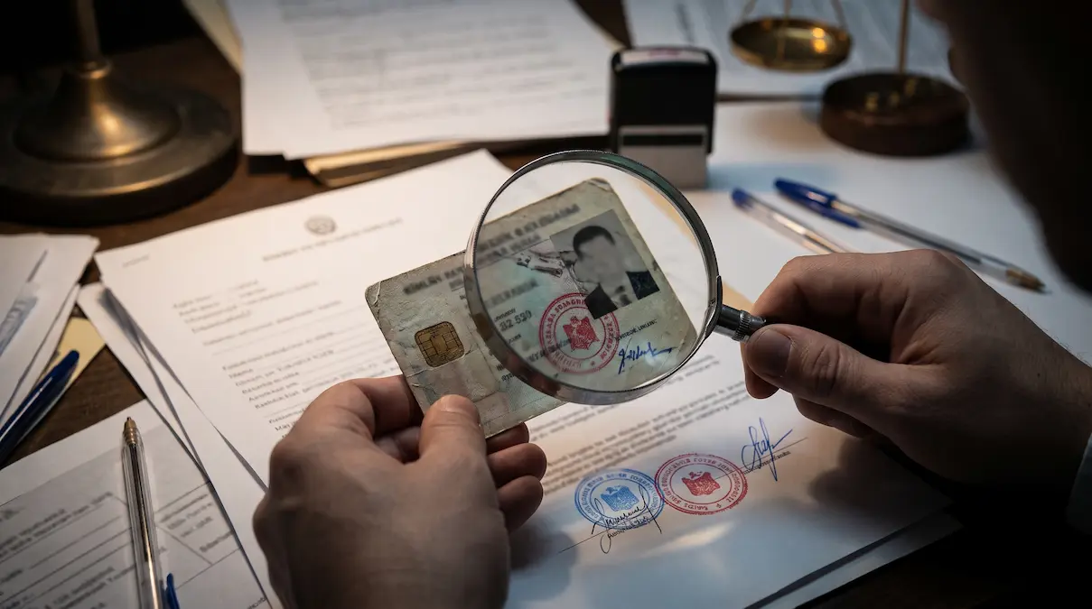Büyüteçle incelenen yıpranmış kimlik kartı, masada mühürlü ve imzalı resmi belgeler ile kaşe – resmi belgede sahtecilik suçu
