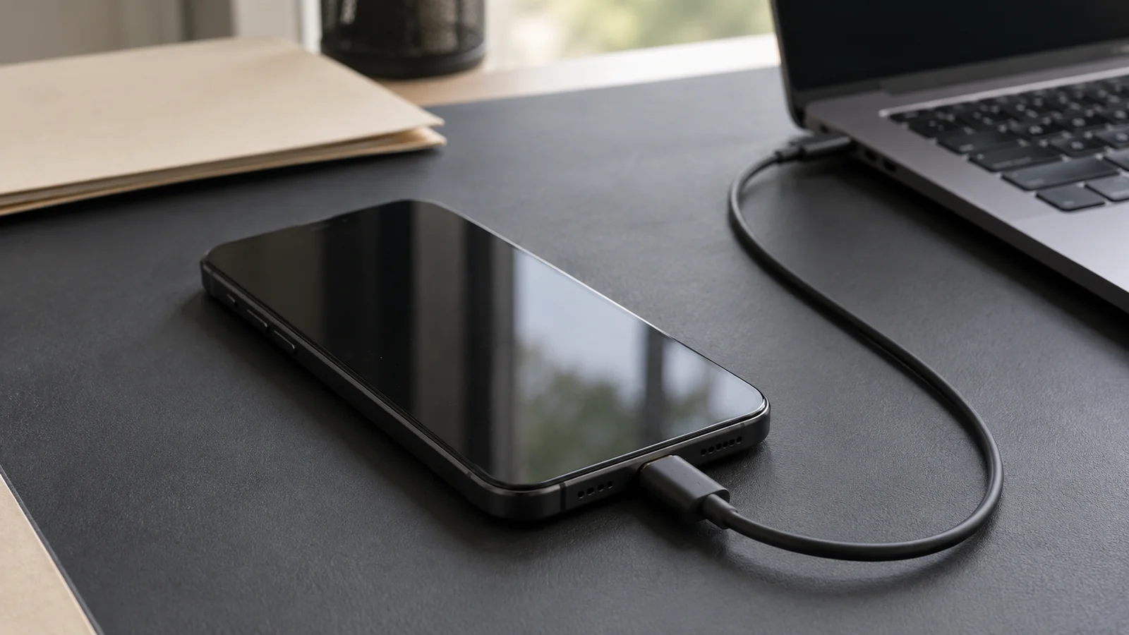 Telefon incelemesi için bilgisayara USB kablosuyla bağlanan cep telefonu