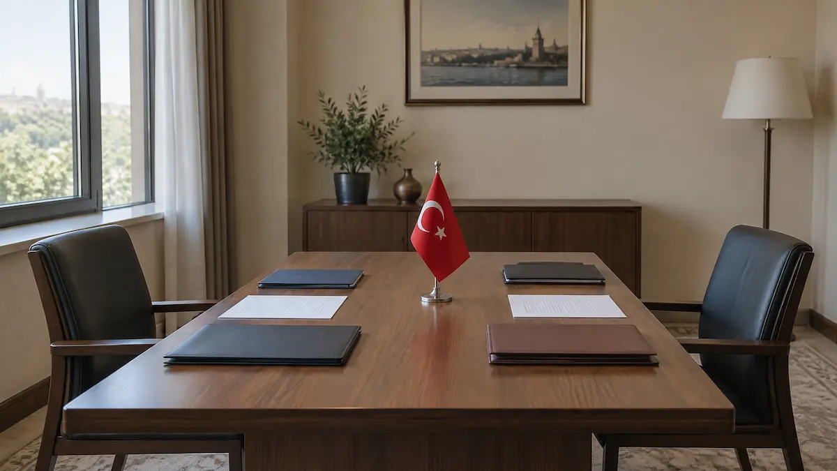Uzlaştırma nedir: uzlaşma görüşmesi için karşılıklı iki sandalye ve dosyalar bulunan masa