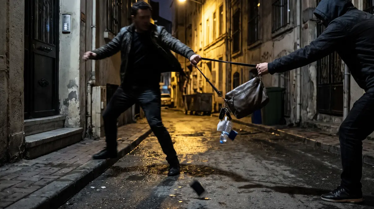 Gece ara sokakta çantasını bırakmamaya çalışan adam ile çantayı çeken kapüşonlu kişi, yere telefon ve bozuk para düşüyor – yağma suçu (gasp)